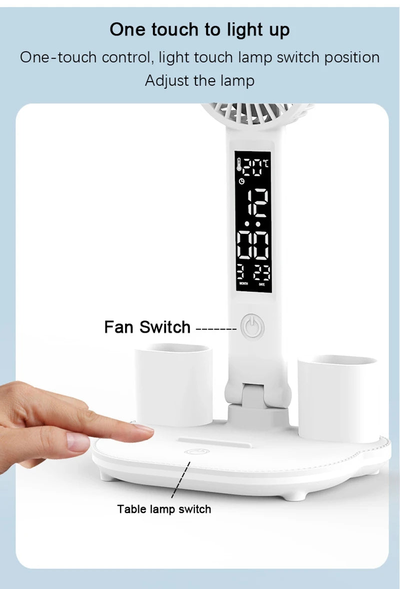 Rechargeable Study Reading Clock/Date/Temperature Foldable Desk Lamp with fan Rechargeable Study Reading Clock/Date/Temperature Foldable Desk Lamp with fan